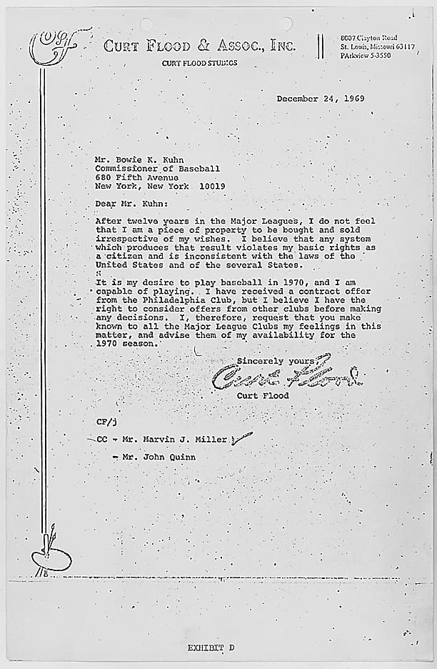 Curt Flood letter to Commissioner Bowie Kuhn, 1969.